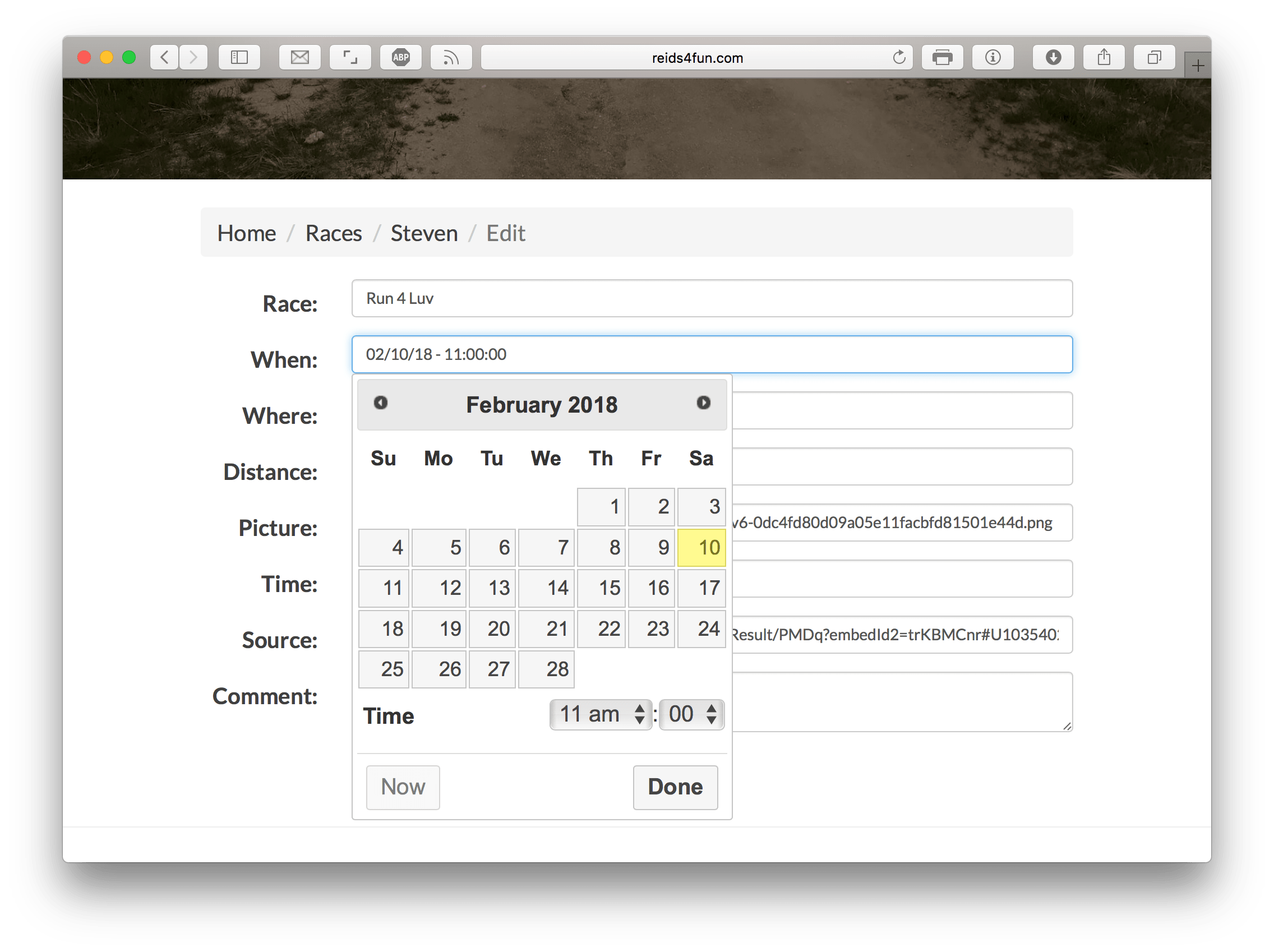 The date and time picker on the Race Tracking form.