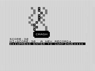 Raceway, ZX81 screen shot of ending crash, by Steven Reid, 1983