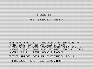 Tabular, add text ZX81 screen shot, by Steven Reid, 1983