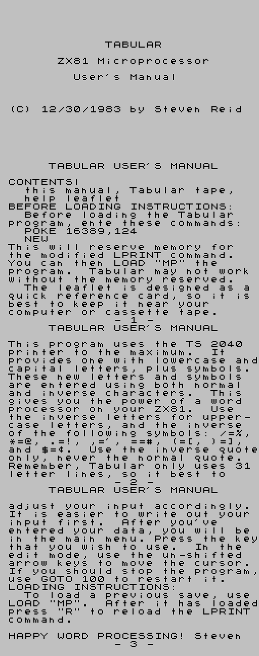 Tabular, manual cover, by Steven Reid, 1983