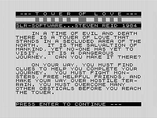 Tower of Love, Instructions—Page 1, ZX81 screen shot, by Steven Reid, 1984