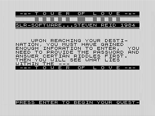 Tower of Love, Instructions—Page 1, ZX81 screen shot, by Steven Reid, 1984